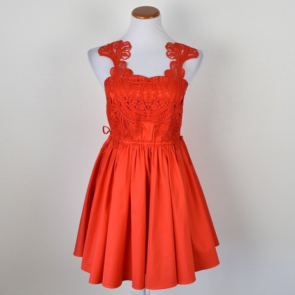 Self-Portrait Red Macrame Lace Organic Cotton Mini Dress Red - 0